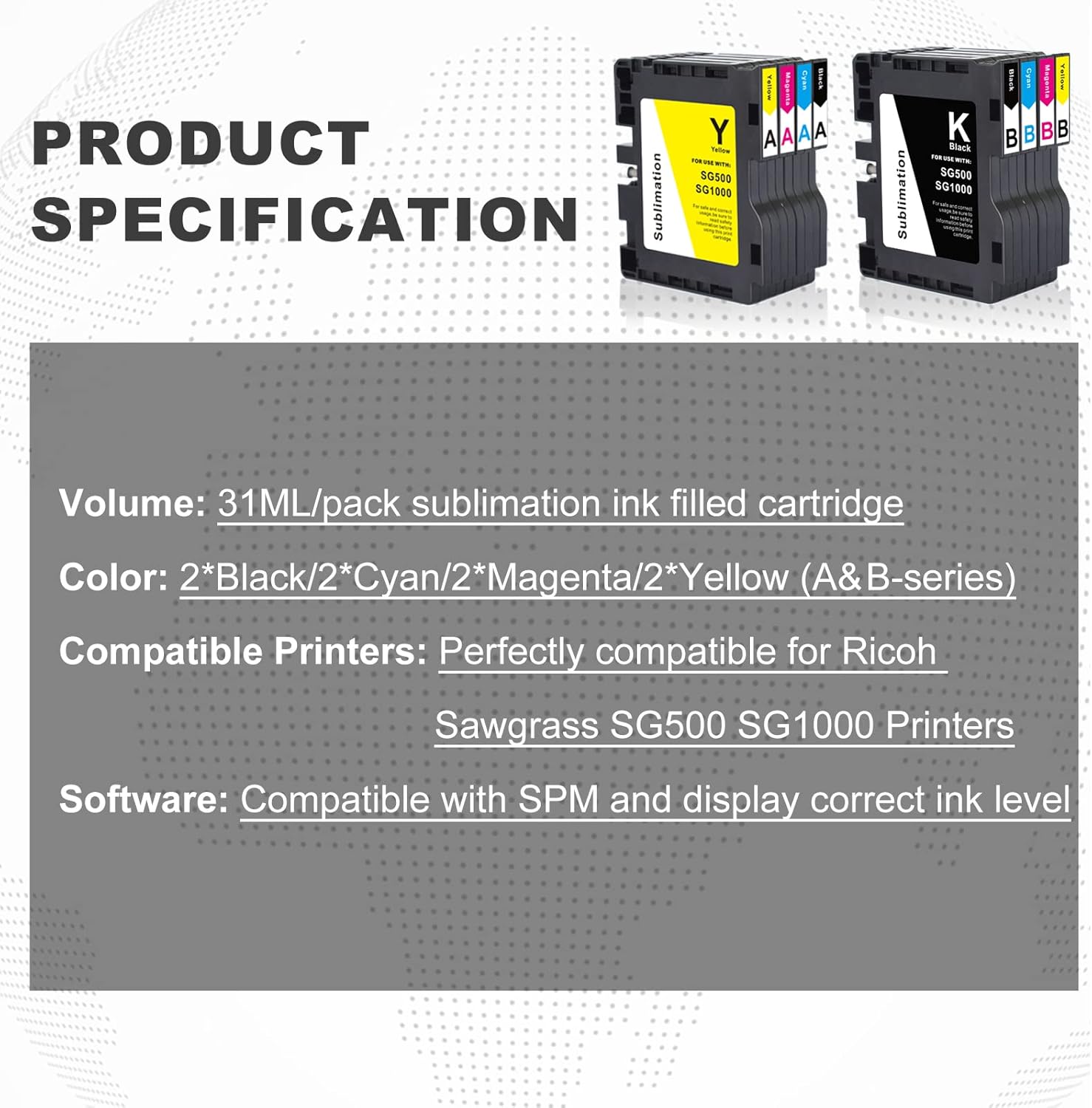 Sublimation Ink Cartridge 8-Pack for Sawgrass Virtuoso SG500 SG1000 Printer W51788