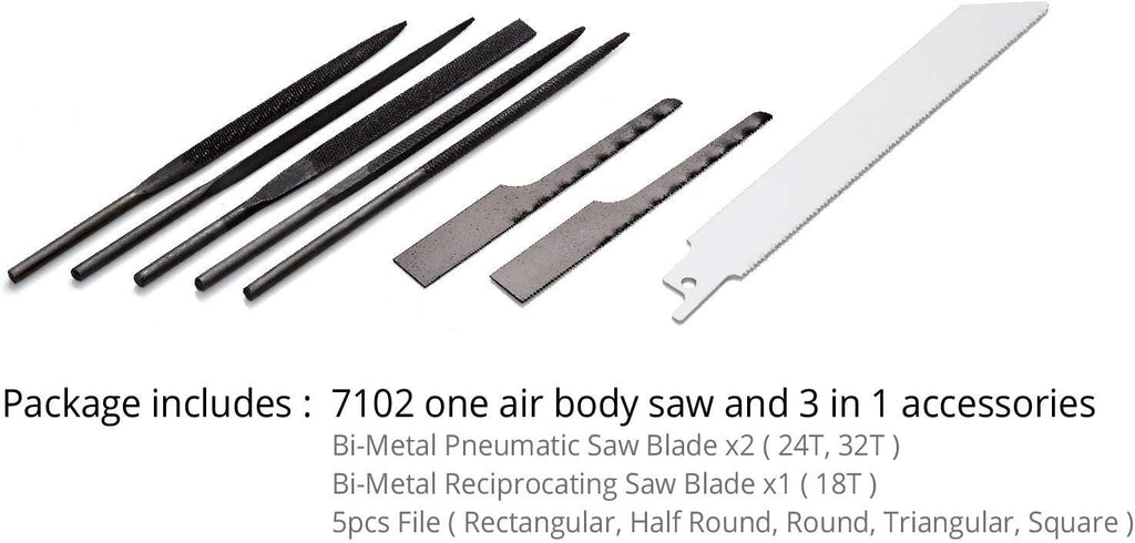 Compact Low Vibration Air Saw with 8 pcs Blade Kit Pneumatic Reciprocating Body Saw G518010