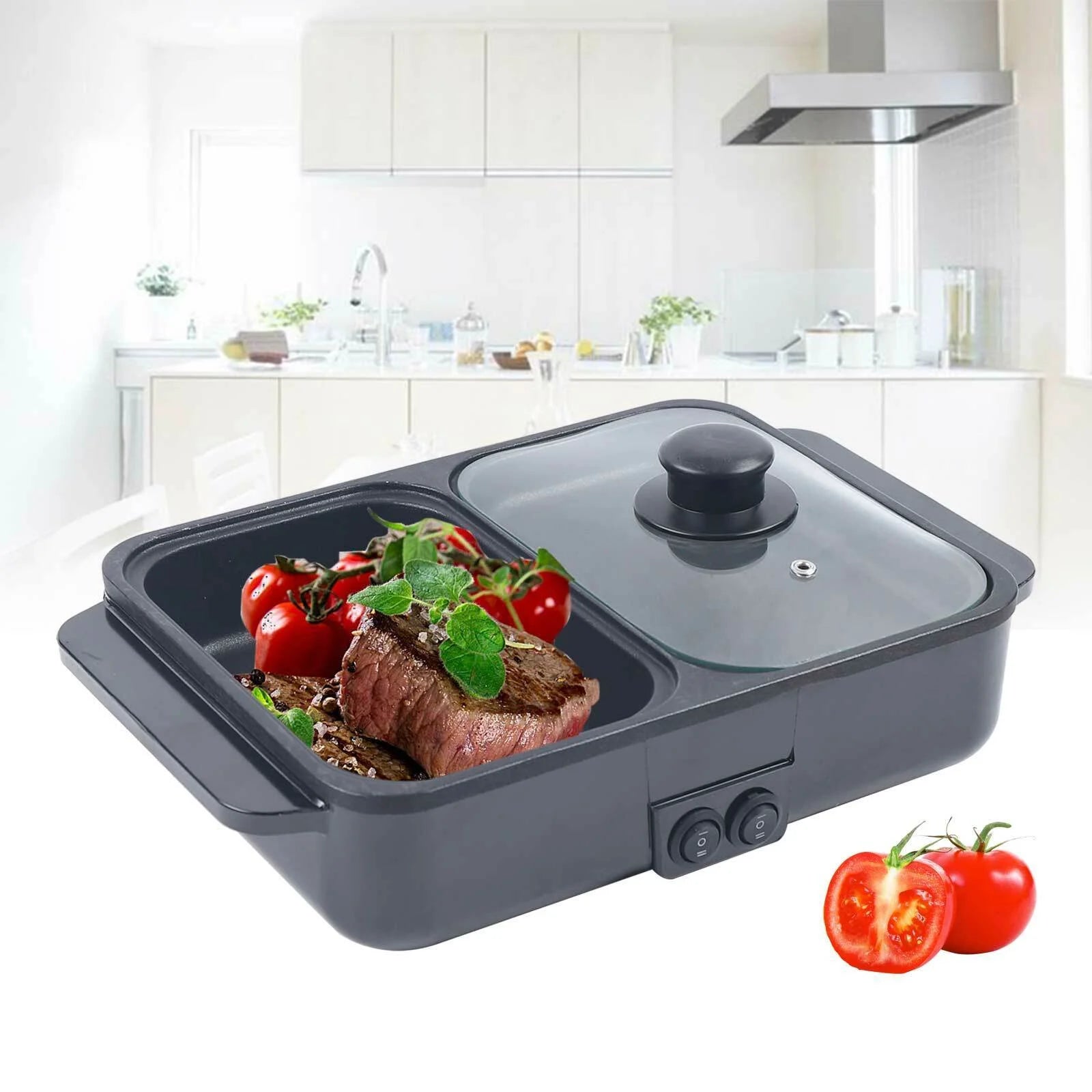 2-in-1 Electric Hot Pot BBQ Grill Smokeless Cooking Pan 1200W R16986