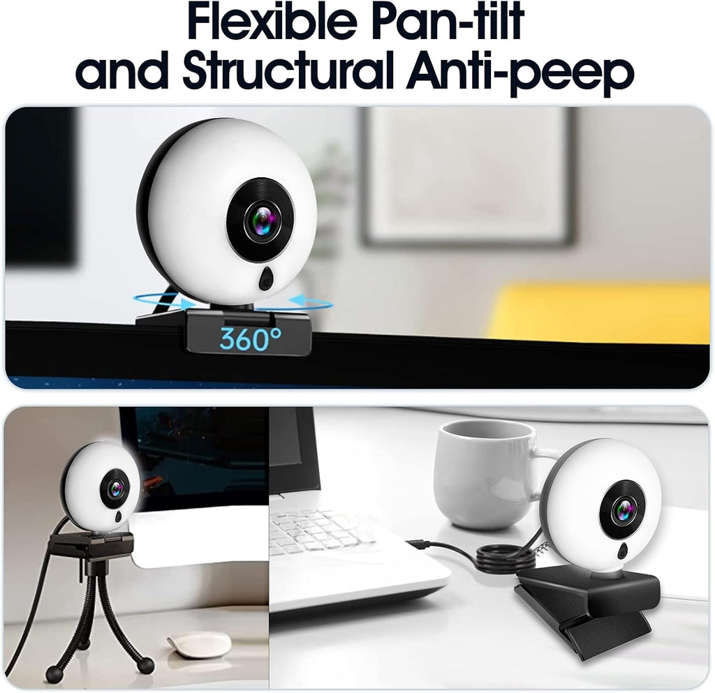 2K HD Webcam with Microphone, LED Ring Light, Privacy Cover, Flexible Tripod, Autofocus USB Computer Camera E533