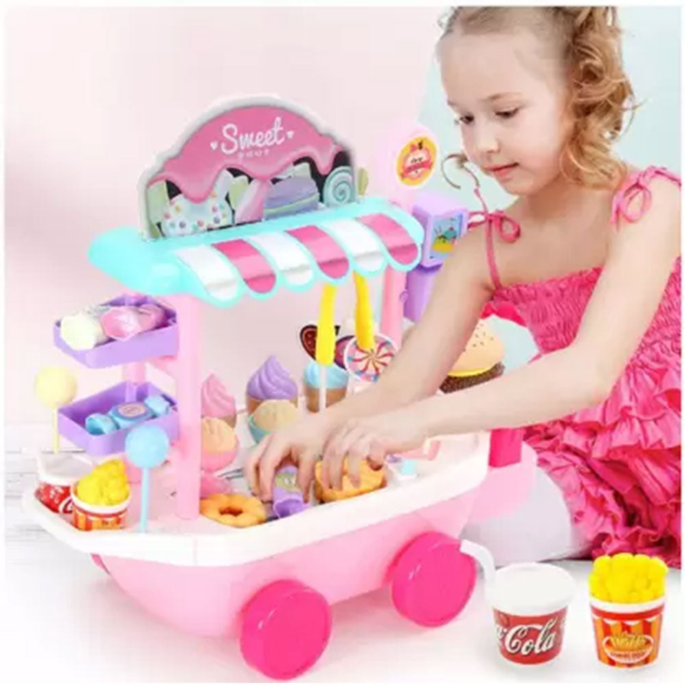 Dessert Candy Trolley Kitchen Toy Set with Umbrella Food Dishes Kids Educational Pretend Play Cooking Truck L23638