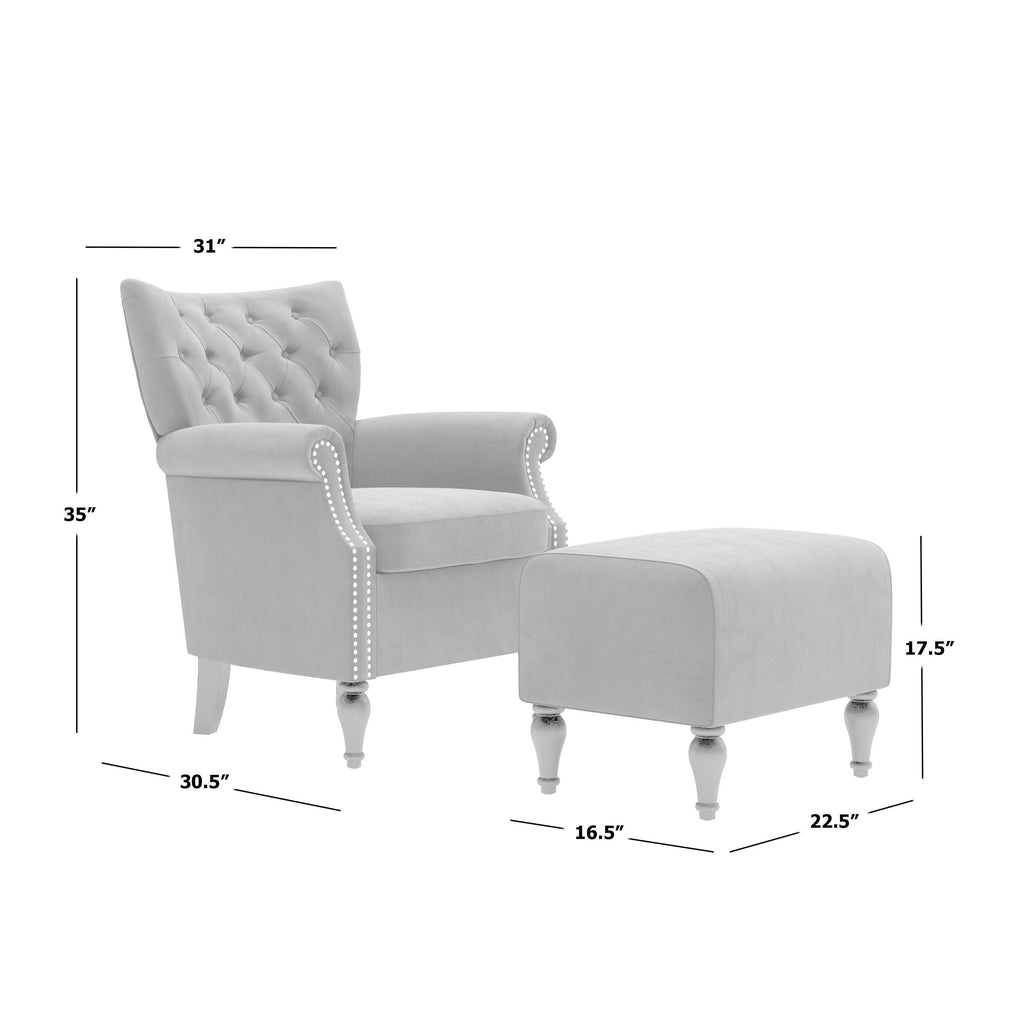 Button Tufted Rolled Arm Chair and Ottoman Charcoal Gray Velvet A8392