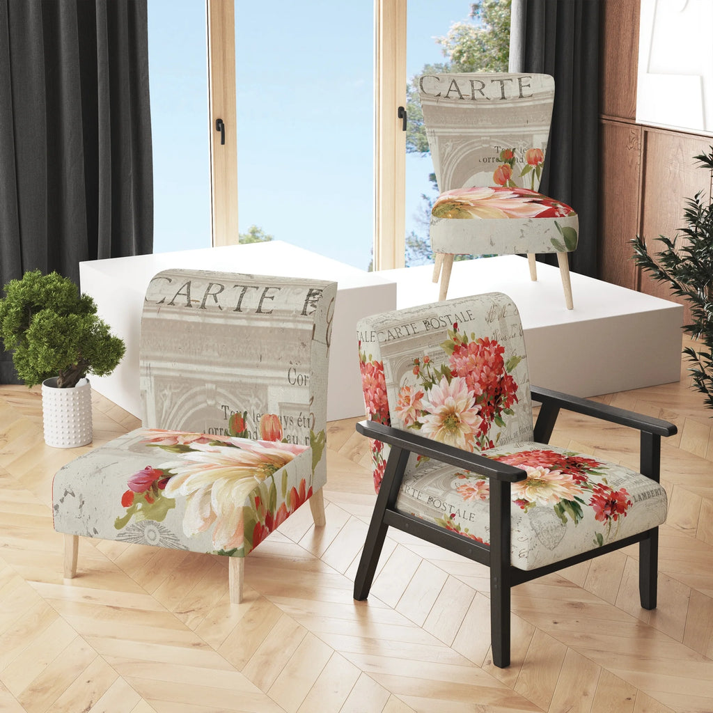 Red Painted Flowers On Vintage Postcard III Upholstered Accent Chair E49388