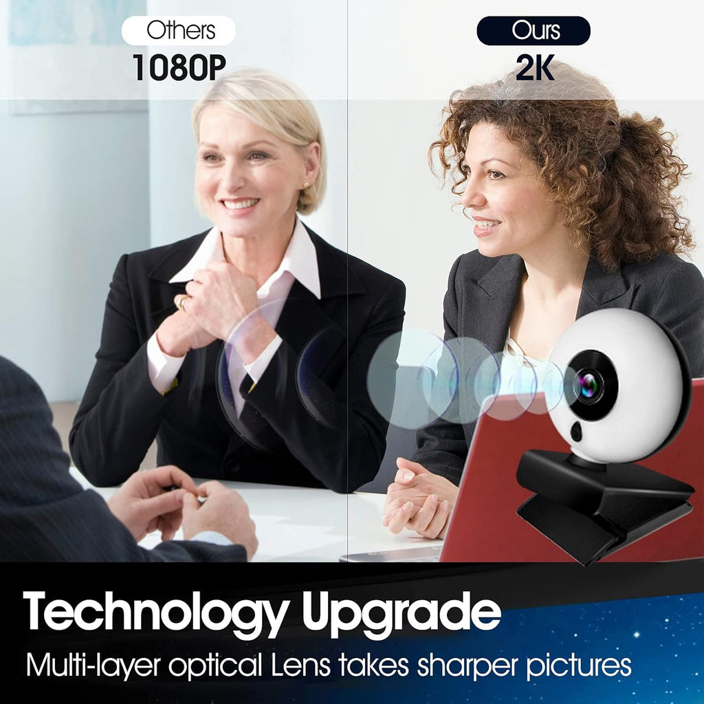 2K HD Webcam with Microphone, LED Ring Light, Privacy Cover, Flexible Tripod, Autofocus USB Computer Camera E533