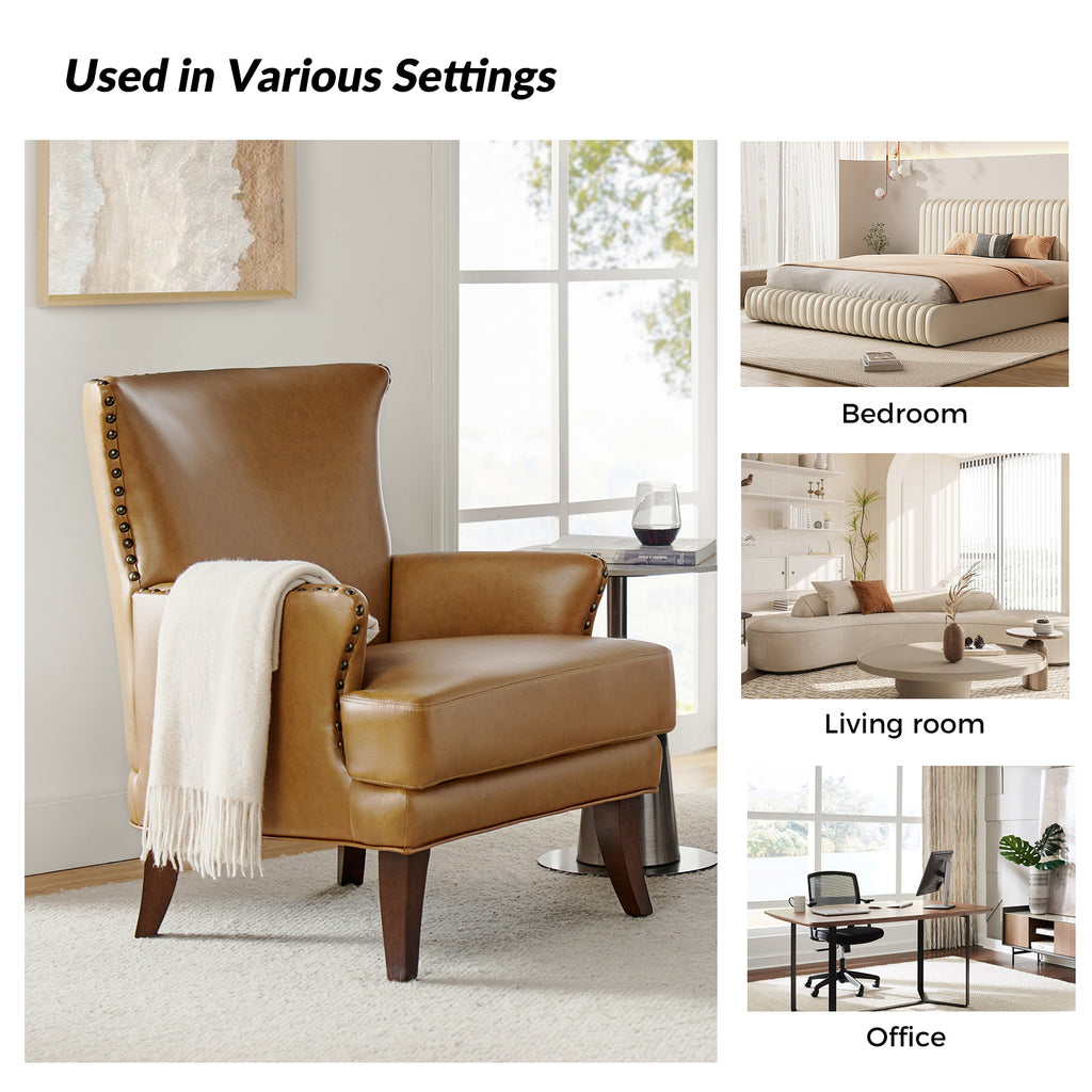 Camel Leather Upholstered Accent Chair Wood Leg C79124