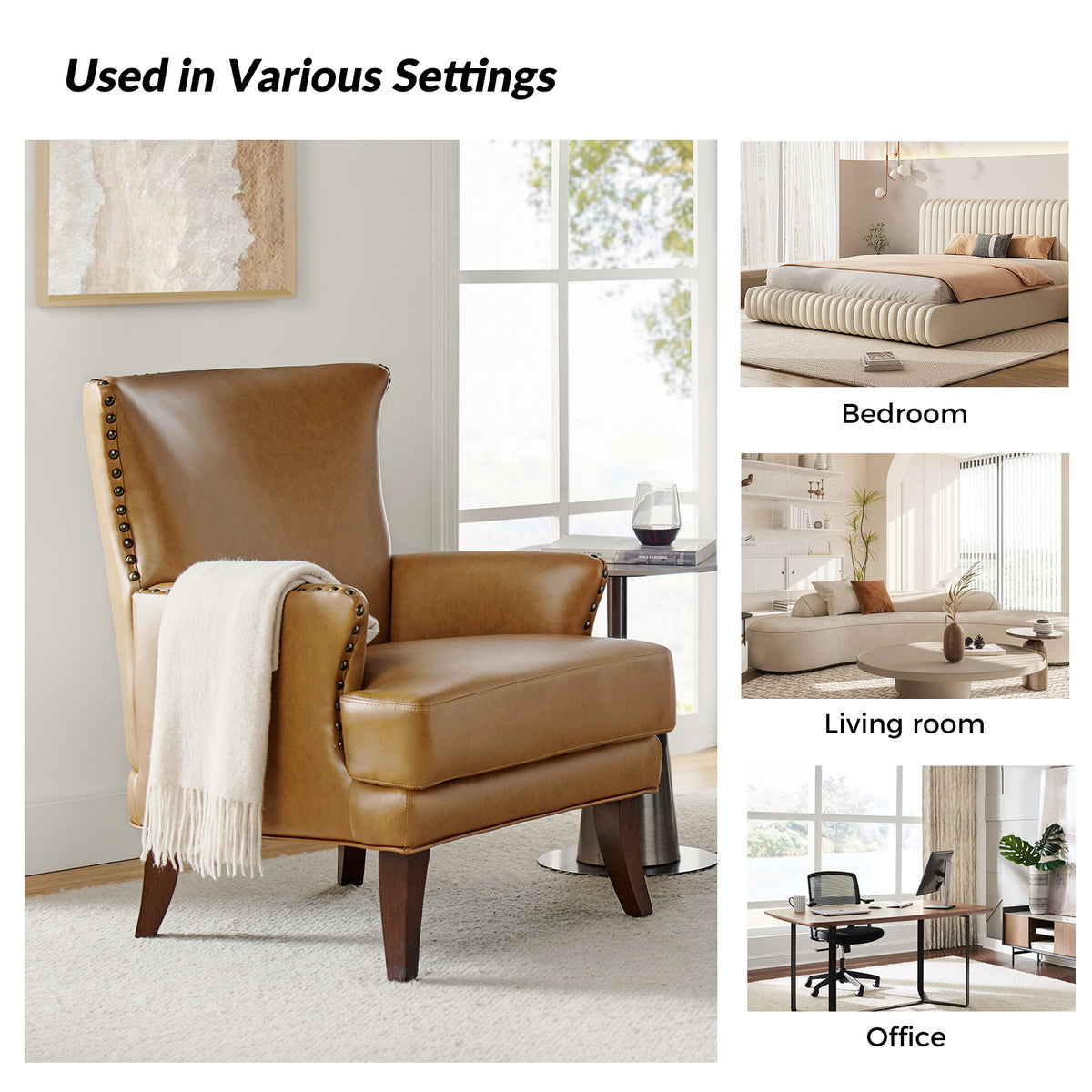 Camel Leather Upholstered Accent Chair Wood Leg C79124