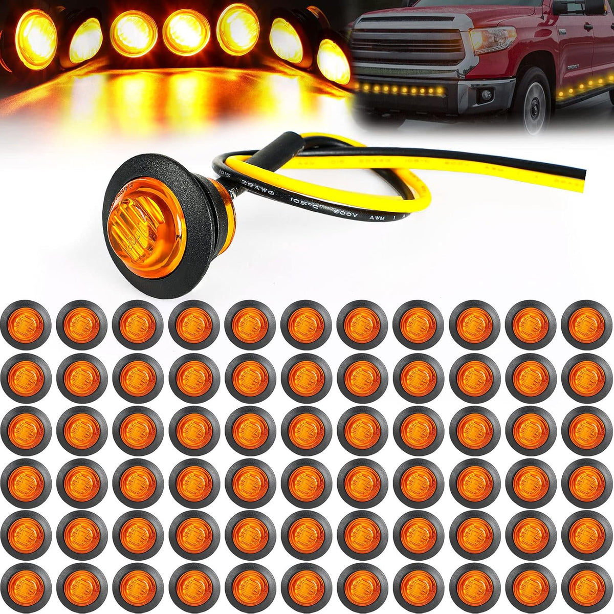 100 Pieces 3/4'' Round LED Side Marker Lights, 12V Amber Pack of 2 X984173