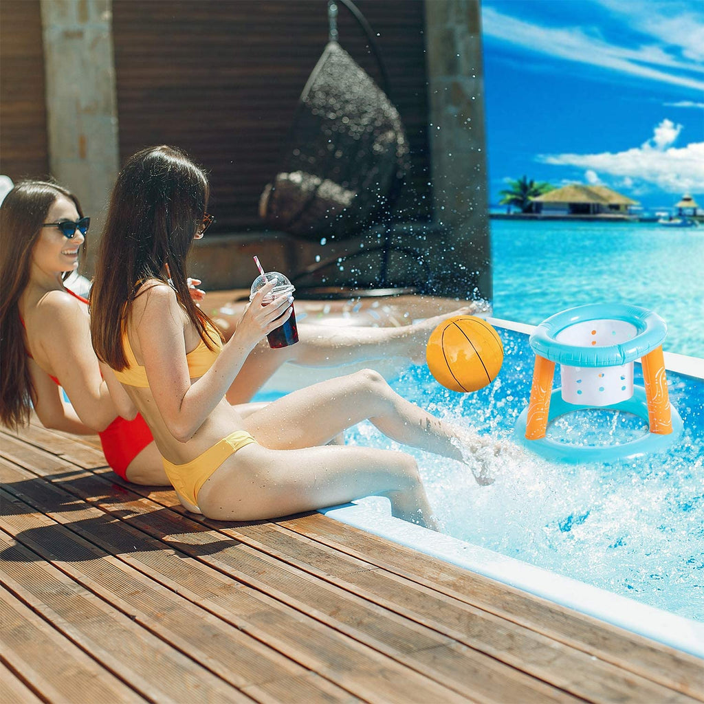 Inflatable Pool Basketball Hoop and Volleyball Set with Pool Net, Weight Bags, Light Blue V693920