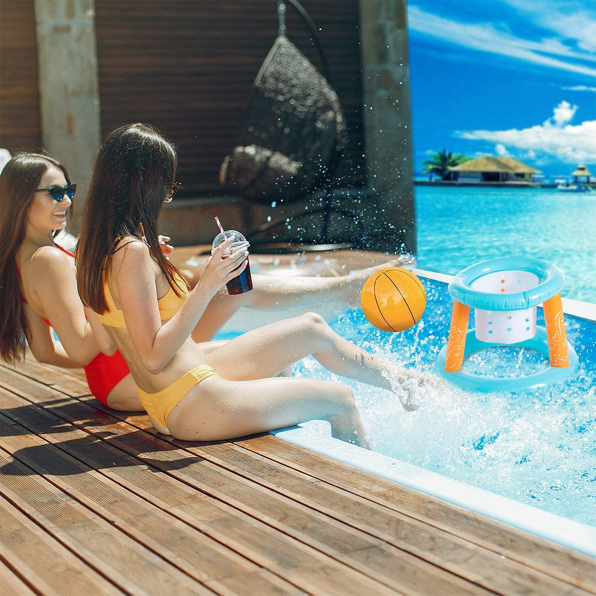 Inflatable Pool Basketball Hoop and Volleyball Set with Pool Net, Weight Bags, Light Blue V693920