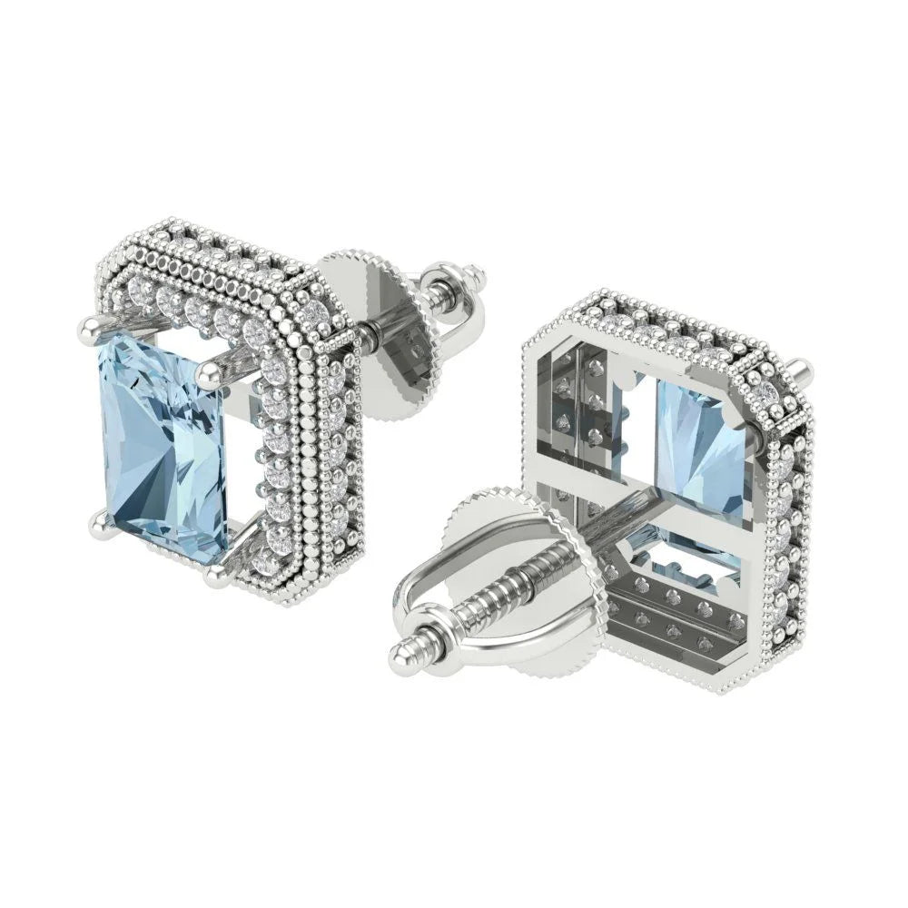 18K White Gold Blue Simulated Diamond Earrings Screw Back O696