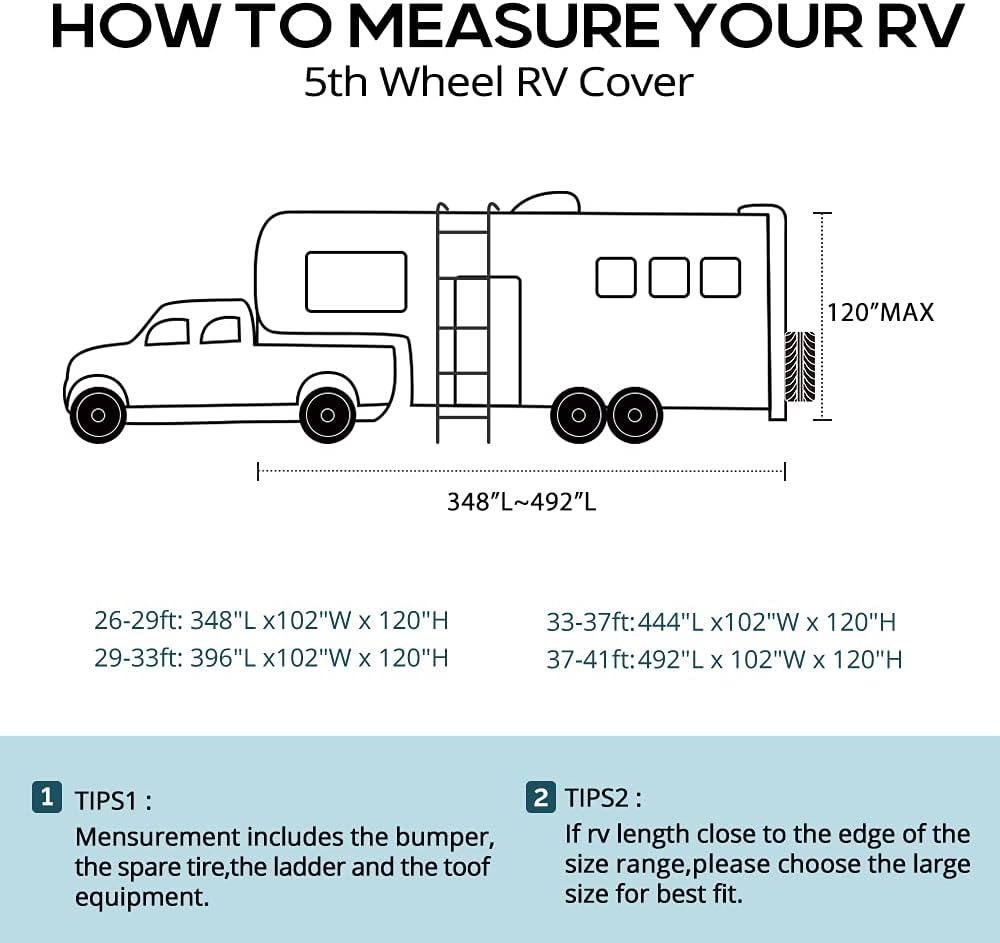 5th Wheel RV Cover, Extra-Thick 6-ply Camper Cover, Fits 26 - 29Ft Motorhome, Breathable Waterproof Rip-Stop Anti-UV, 2 Windproof Straps, 4 Tire Covers B7007
