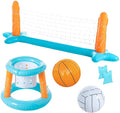 Inflatable Pool Basketball Hoop and Volleyball Set with Pool Net, Weight Bags, Light Blue V693920
