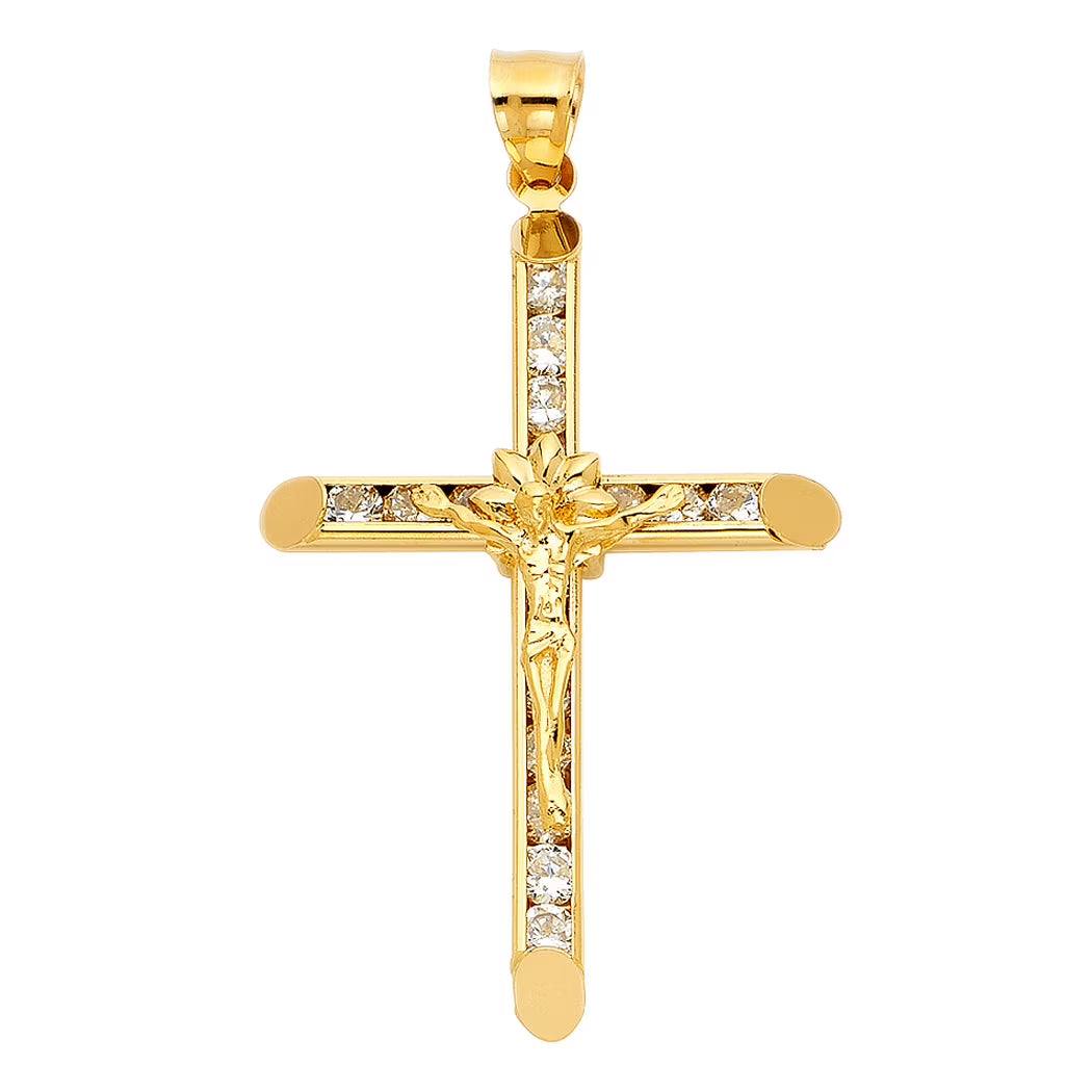 14k Yellow Gold CZ Crucifix Pendant Necklace 33x42mm E575