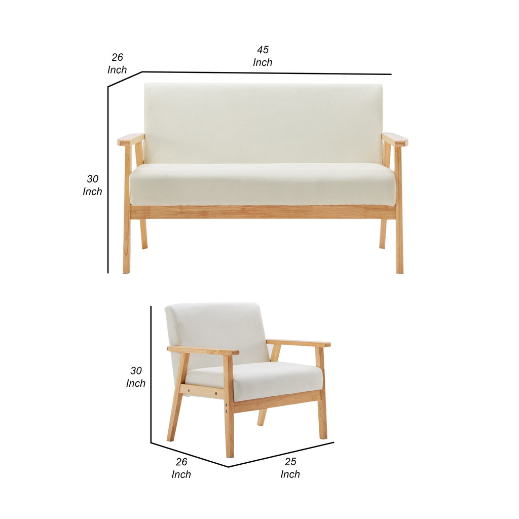 3 Piece Loveseat and Chair Set, Ivory Fabric, Espresso Wood Frame Z600269