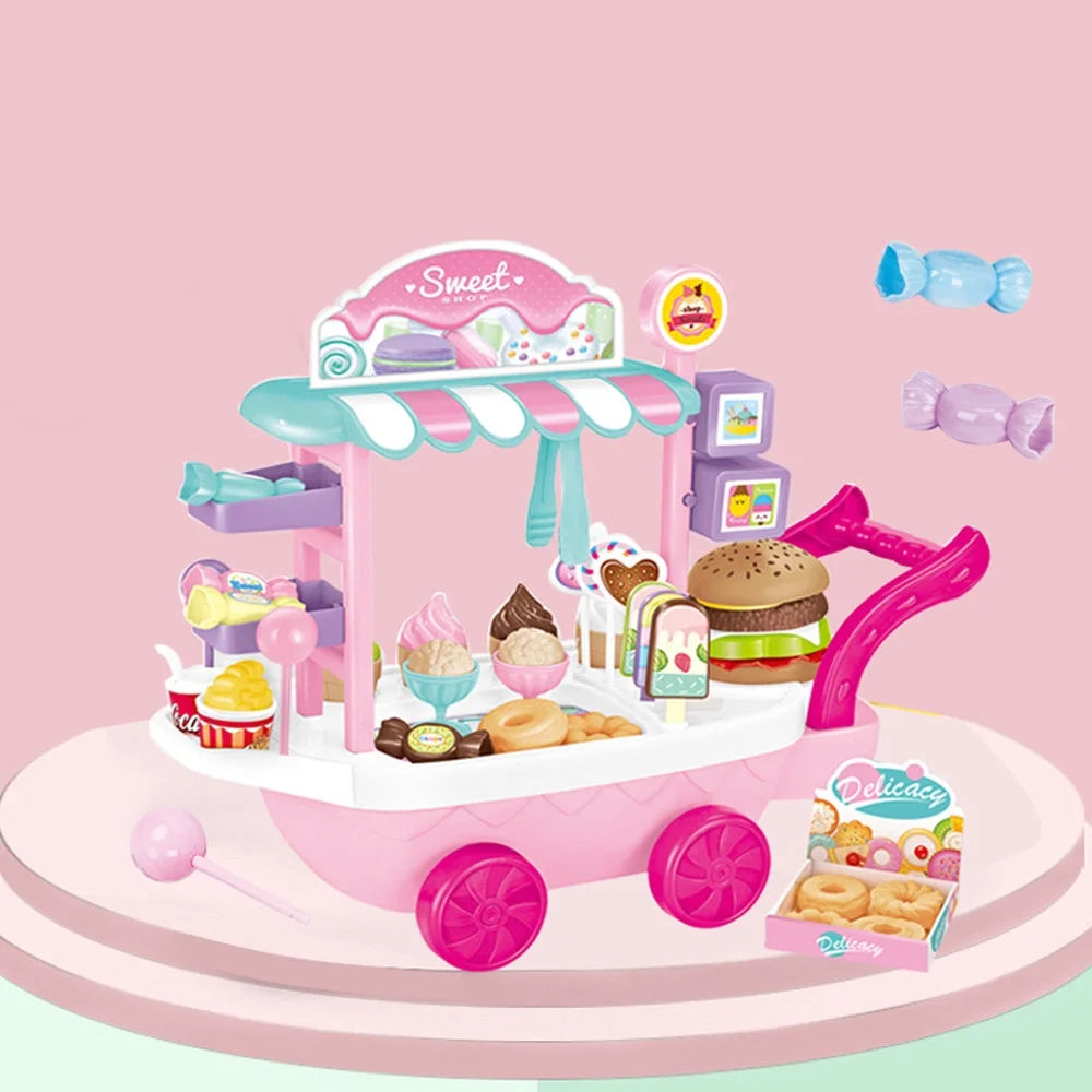 Dessert Candy Trolley Kitchen Toy Set with Umbrella Food Dishes Kids Educational Pretend Play Cooking Truck L23638