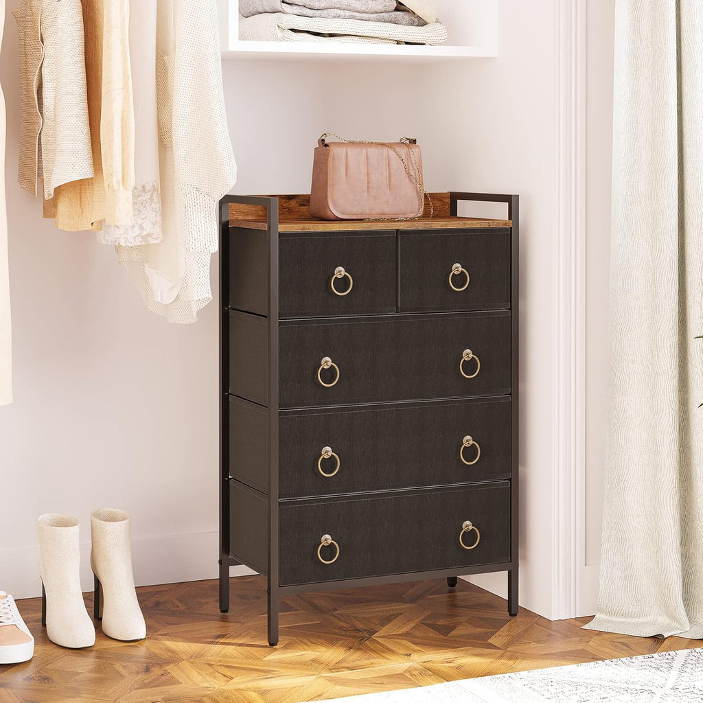 5 Drawer Dresser with Steel Frame and Wood Top D766