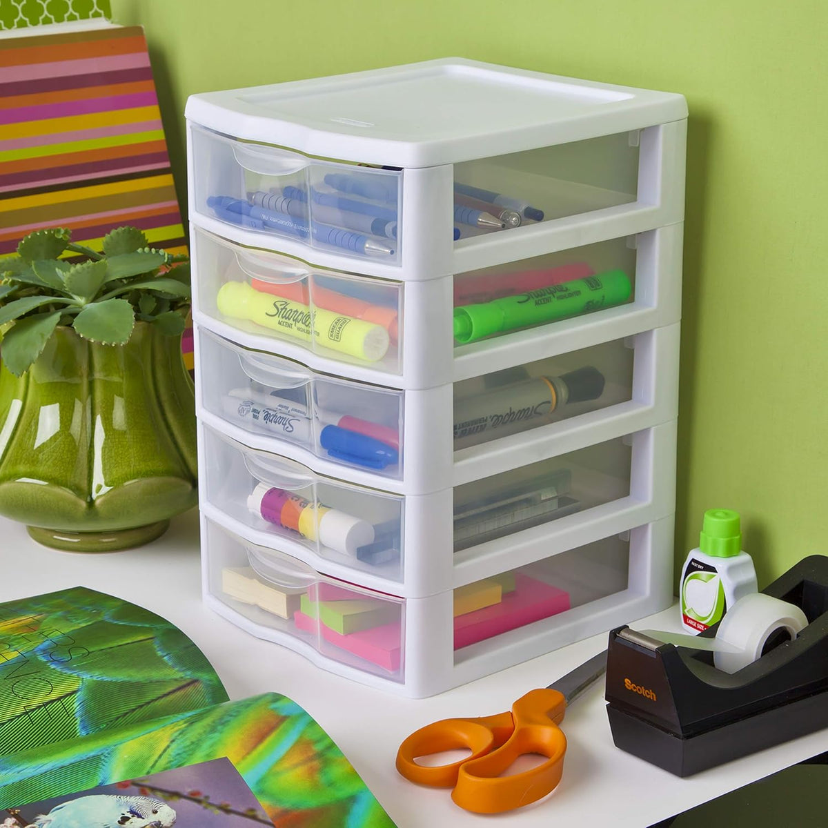 White 5 Drawer Unit with Clear Drawers, 4-Pack J390