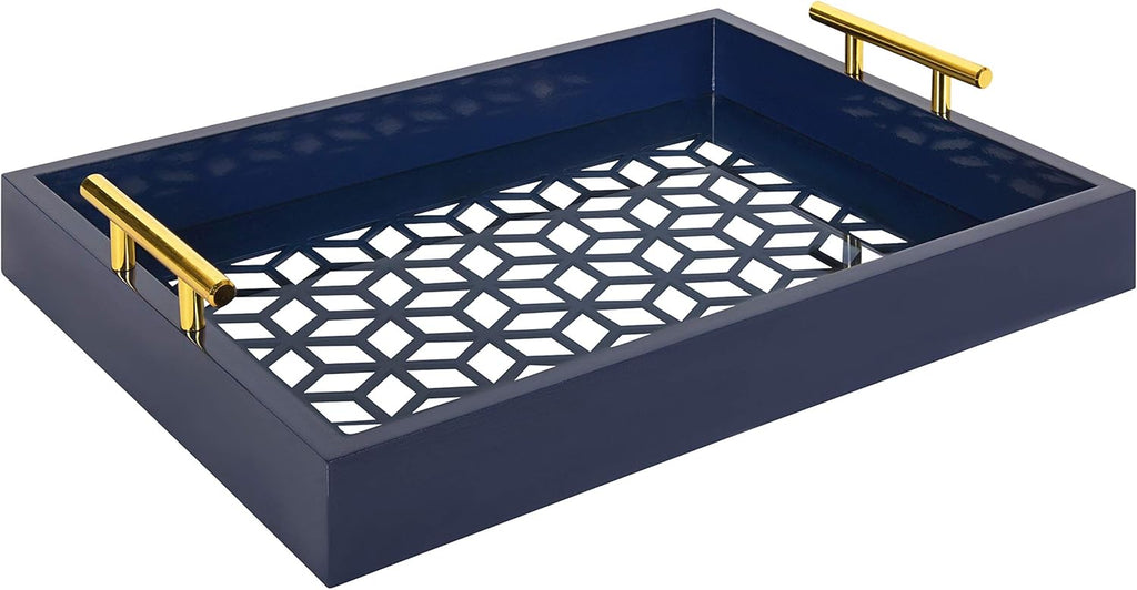 Navy Blue and Gold Rectangle Decorative Tray with Metal Handles H86325