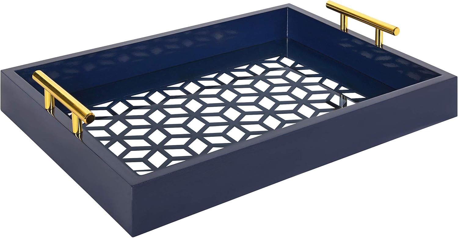 Navy Blue and Gold Rectangle Decorative Tray with Metal Handles H86325