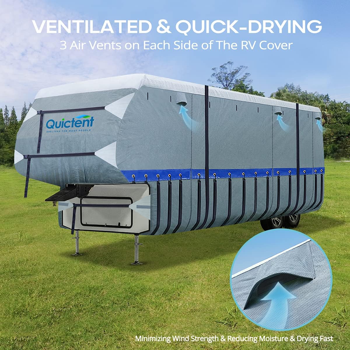 5th Wheel RV Cover, Extra-Thick 6-ply Camper Cover, Fits 26 - 29Ft Motorhome, Breathable Waterproof Rip-Stop Anti-UV, 2 Windproof Straps, 4 Tire Covers B7007