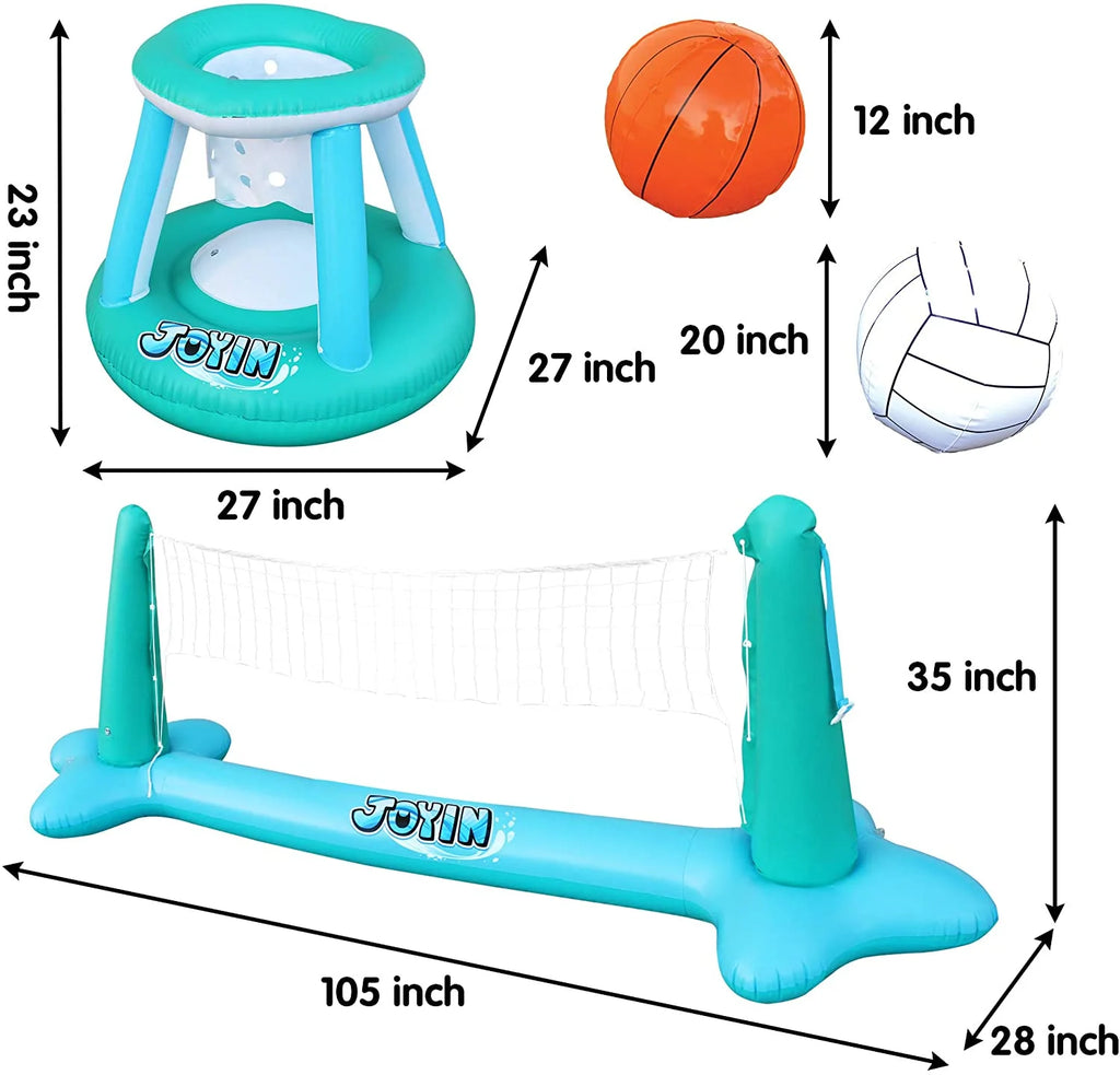 Inflatable Pool Float Set with Volleyball Net & Basketball Hoops Balls R65954