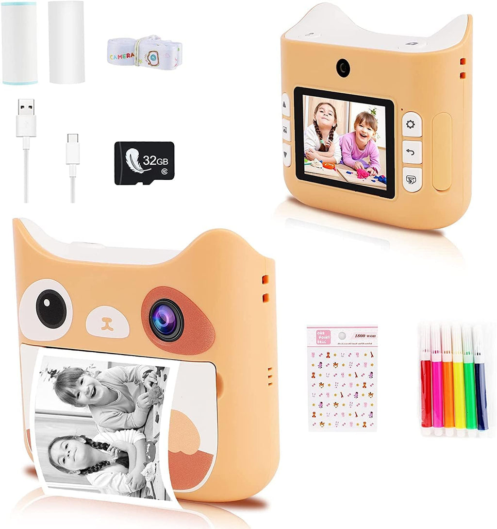Blue Zero Ink Kids Digital Camera with 3 Rolls Print Paper 32GB SD Card J92212