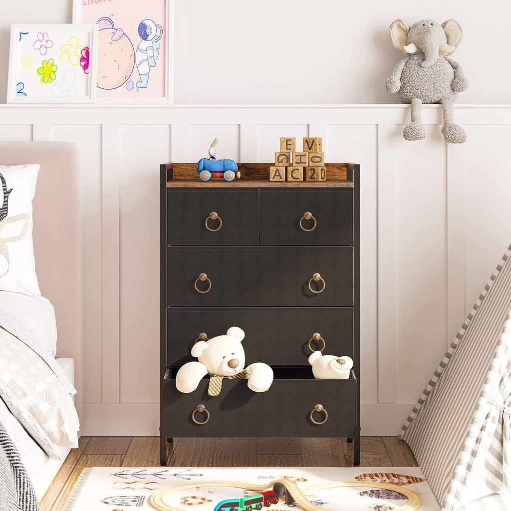 5 Drawer Dresser with Steel Frame and Wood Top D766