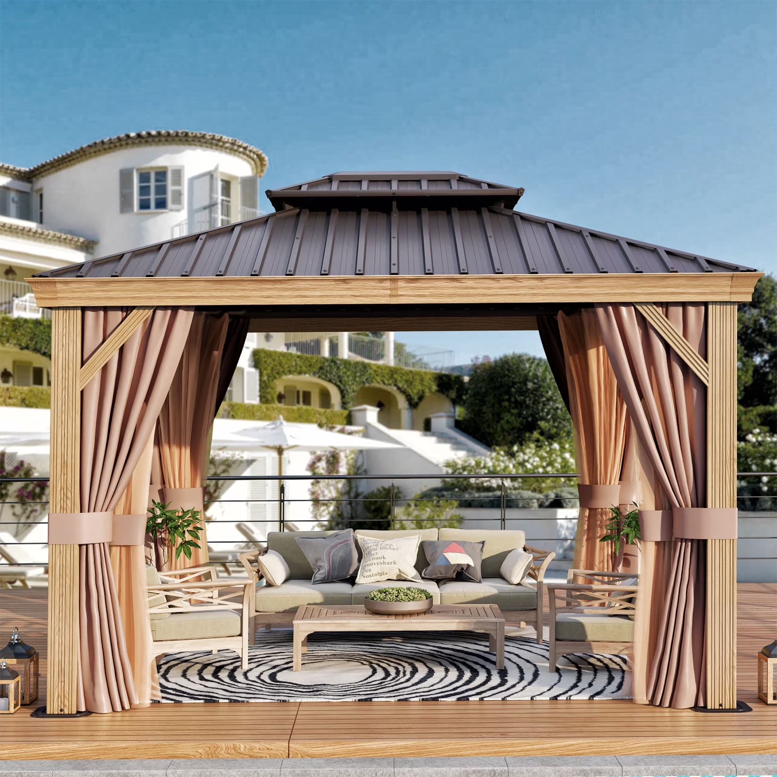 10x12FT Aluminum Frame Hardtop Gazebo with Netting and Curtains U510