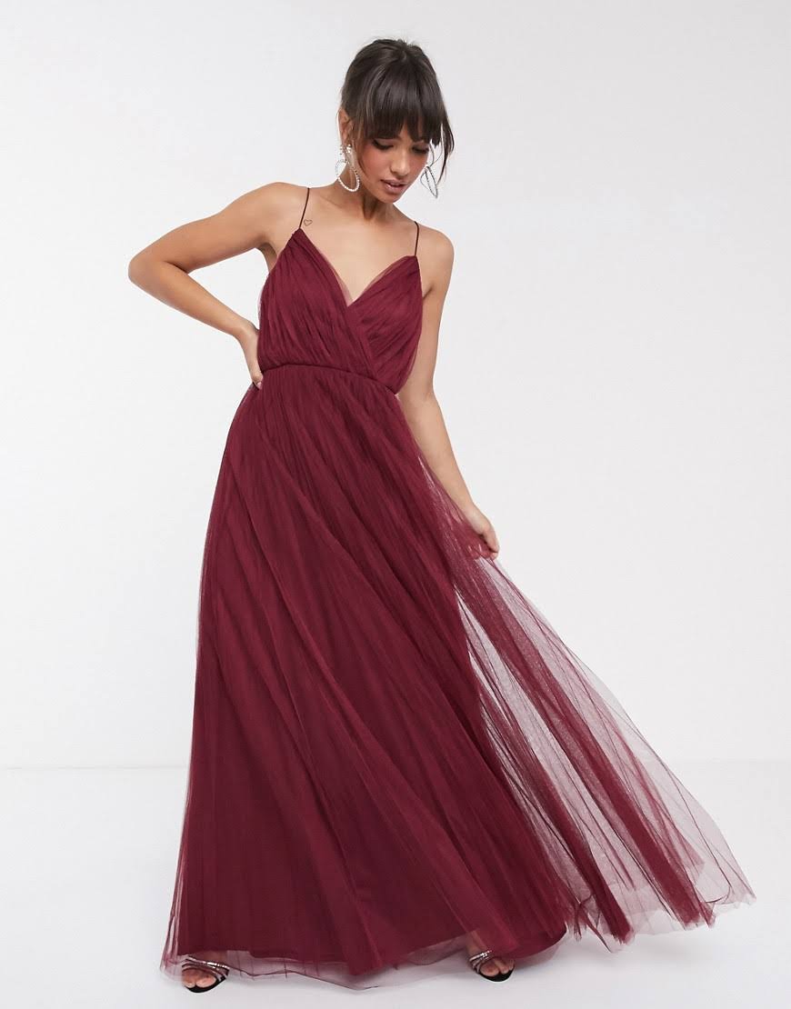 Oxblood-Red Pleated Tulle Maxi Dress U601345