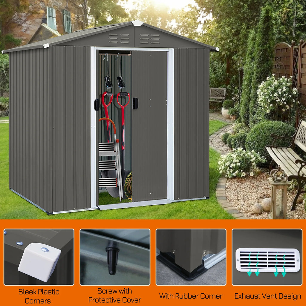6x4 ft Galvanized Steel Outdoor Storage Shed with Sliding Door F2114