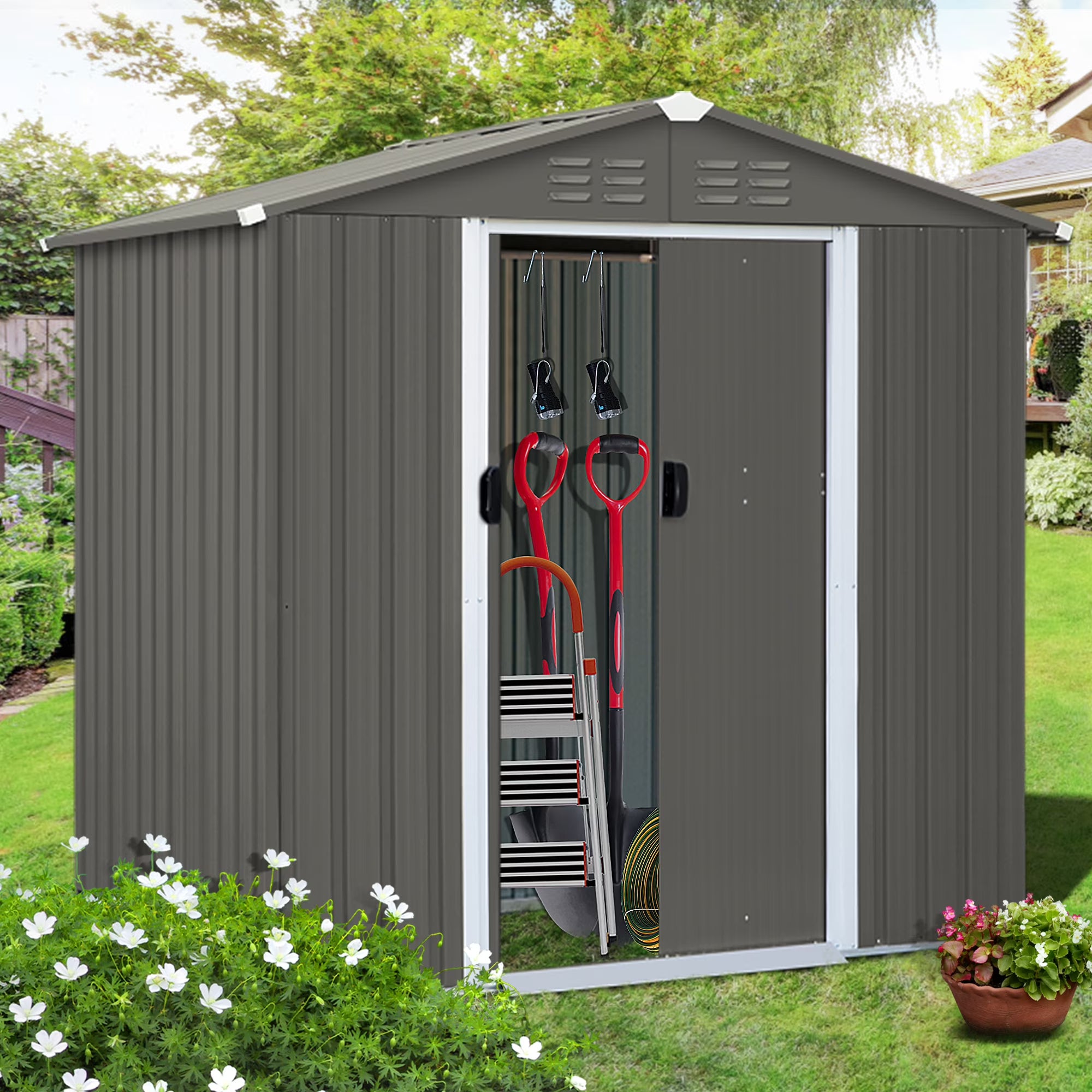 6x4 ft Galvanized Steel Outdoor Storage Shed with Sliding Door F2114