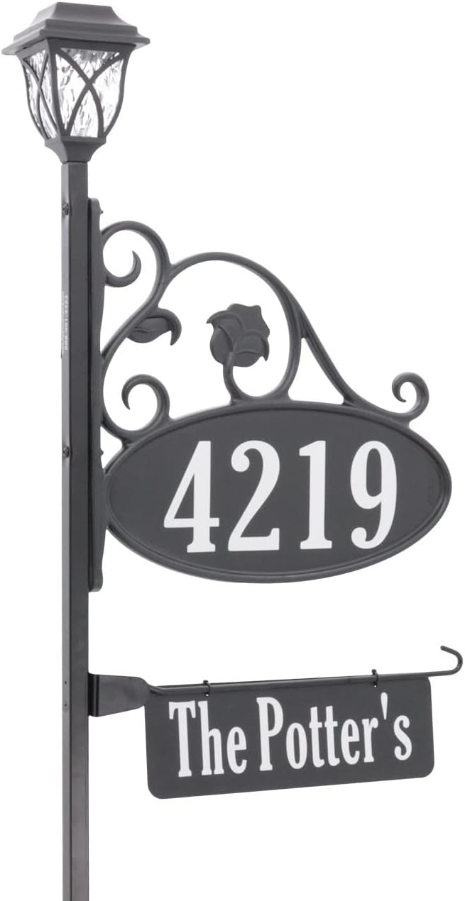 Handcrafted Oval Reflective Home Address Sign with Name Rider and Solar Light C166411