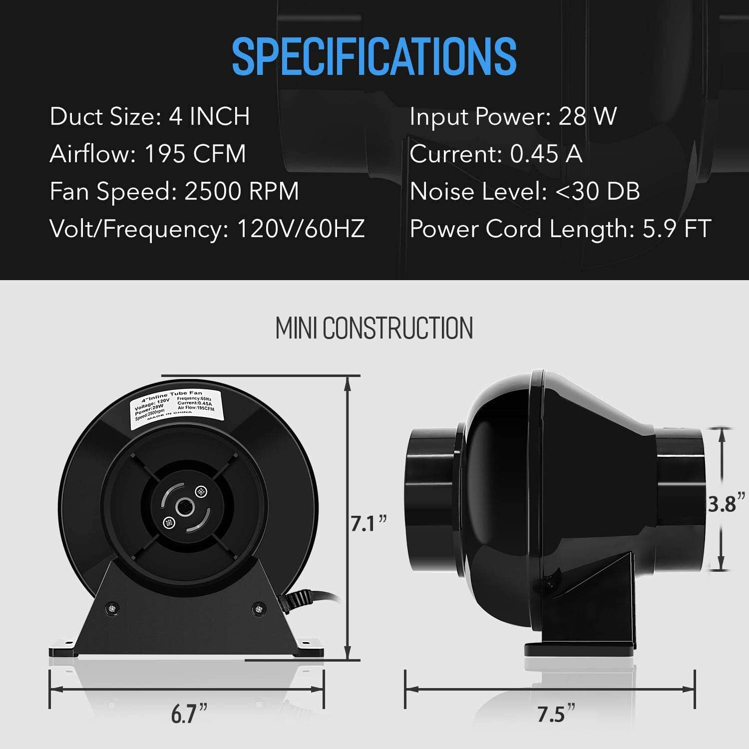 4 Inch 195 CFM Inline Circulation Vent Blower and Air Carbon Filter 8 Feet Ducting Combo, Pack of 2 M84527