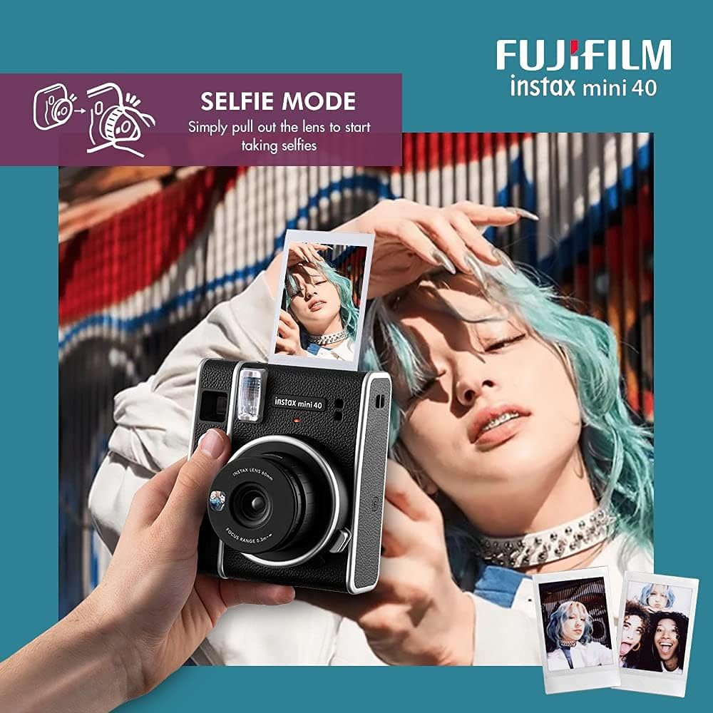 Instax Mini 40 Instant Film Camera (Black) Bundle with 20 Instax Mini Instant Film Shots + Padded Carrying Bag + 4 Rechargeable Batteries + Deluxe Cleaning Kit P571