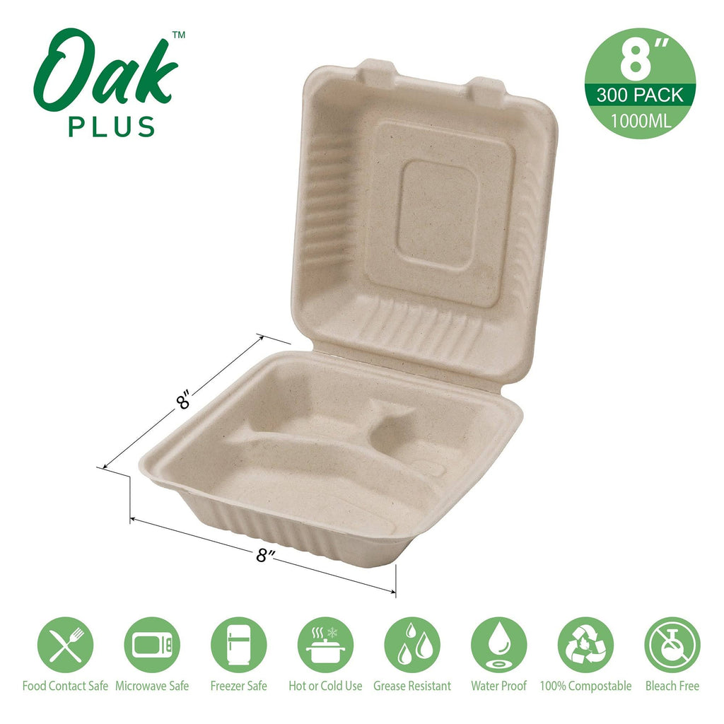 10 inch Natural Compostable Sugarcane Sectional Clamshell Containers, 300 Pack V630