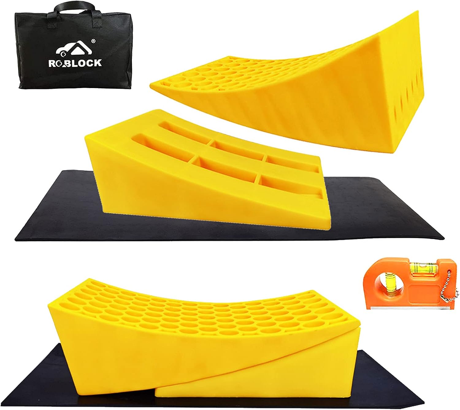 Camper Leveler Blocks with Curved Levelers, Wheel Chocks and Non-Slip Rubber Mats, Pack of 2 N74823
