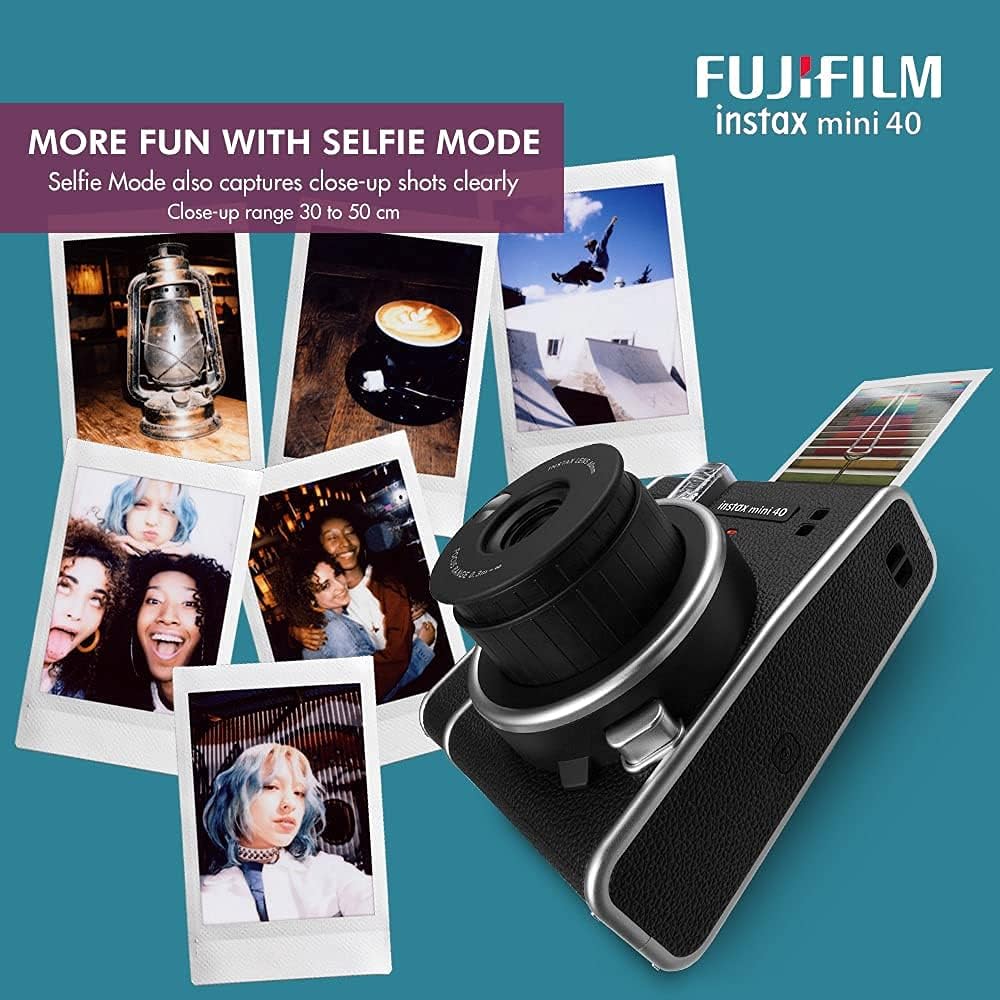 Instax Mini 40 Instant Film Camera (Black) Bundle with 20 Instax Mini Instant Film Shots + Padded Carrying Bag + 4 Rechargeable Batteries + Deluxe Cleaning Kit P571