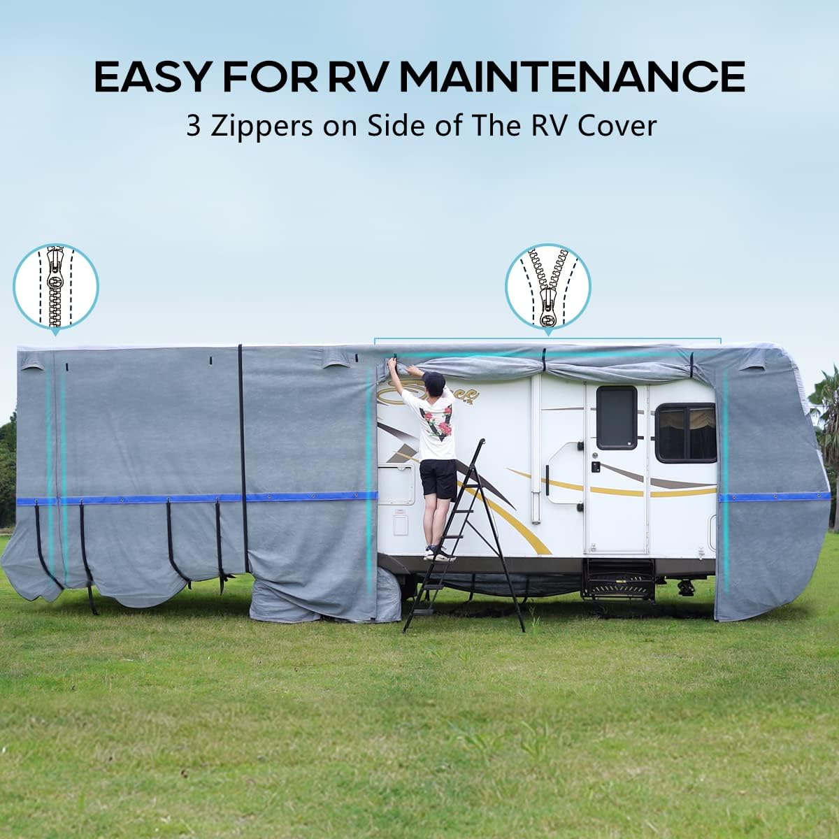 5th Wheel RV Cover, Extra-Thick 6-ply Camper Cover, Fits 26 - 29Ft Motorhome, Breathable Waterproof Rip-Stop Anti-UV, 2 Windproof Straps, 4 Tire Covers B7007