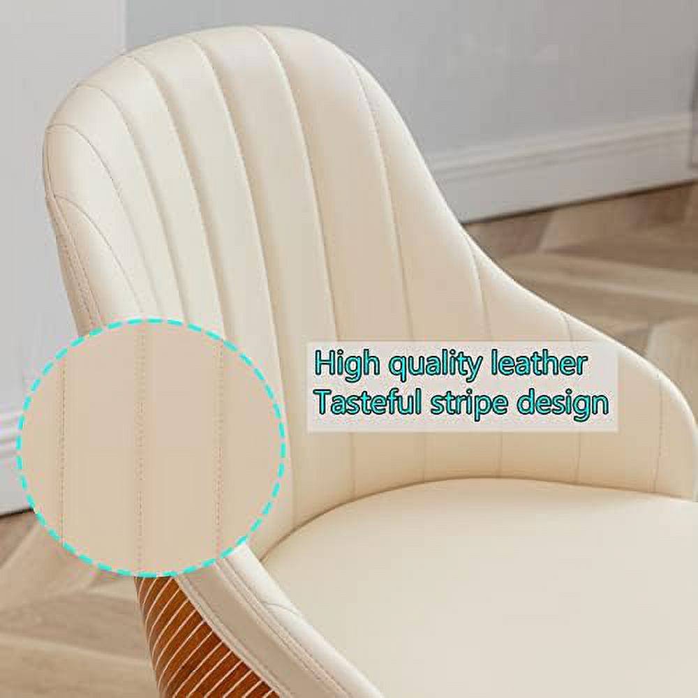 Beige Leather Upholstered Accent Arm Desk Chairs Set of 2 with Metal Legs and Bamboo Back F290