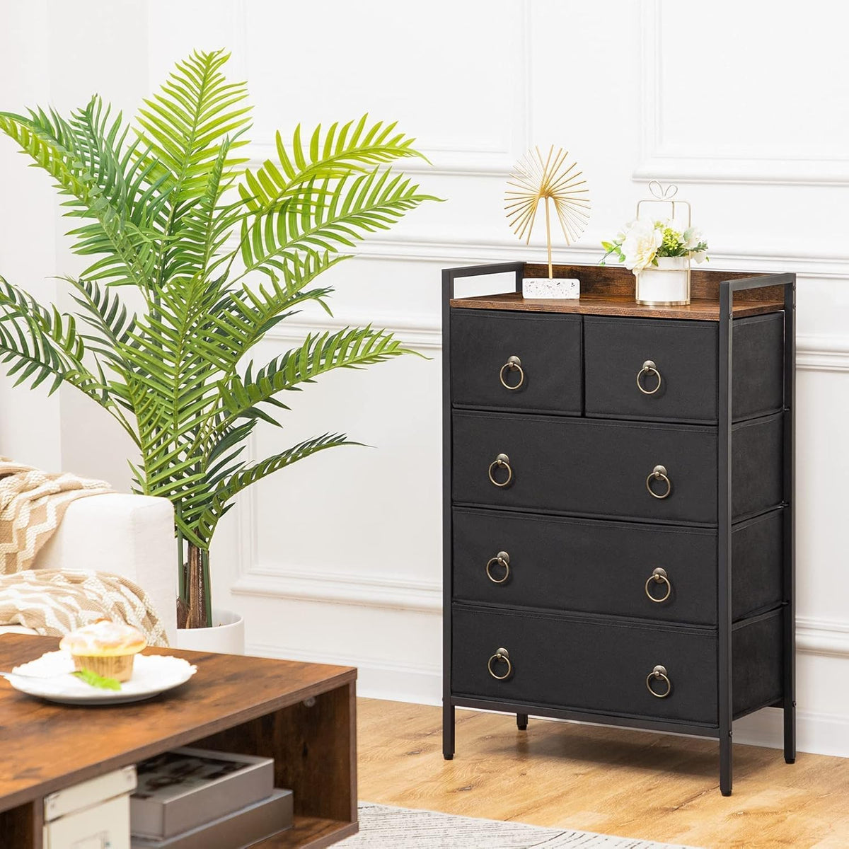 5 Drawer Dresser with Steel Frame and Wood Top D766