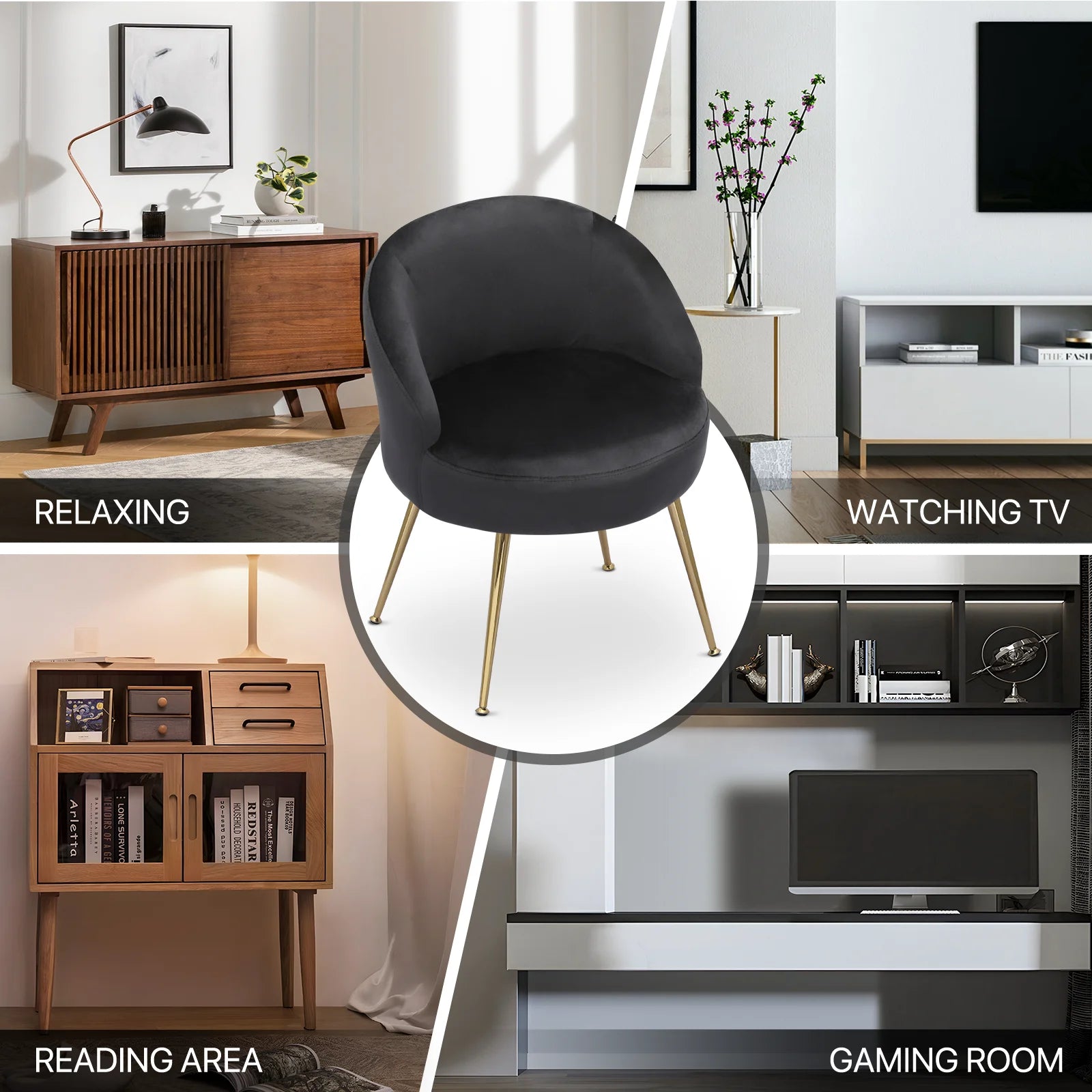 Black Velvet Accent Chair with Golden Metal Legs M865055