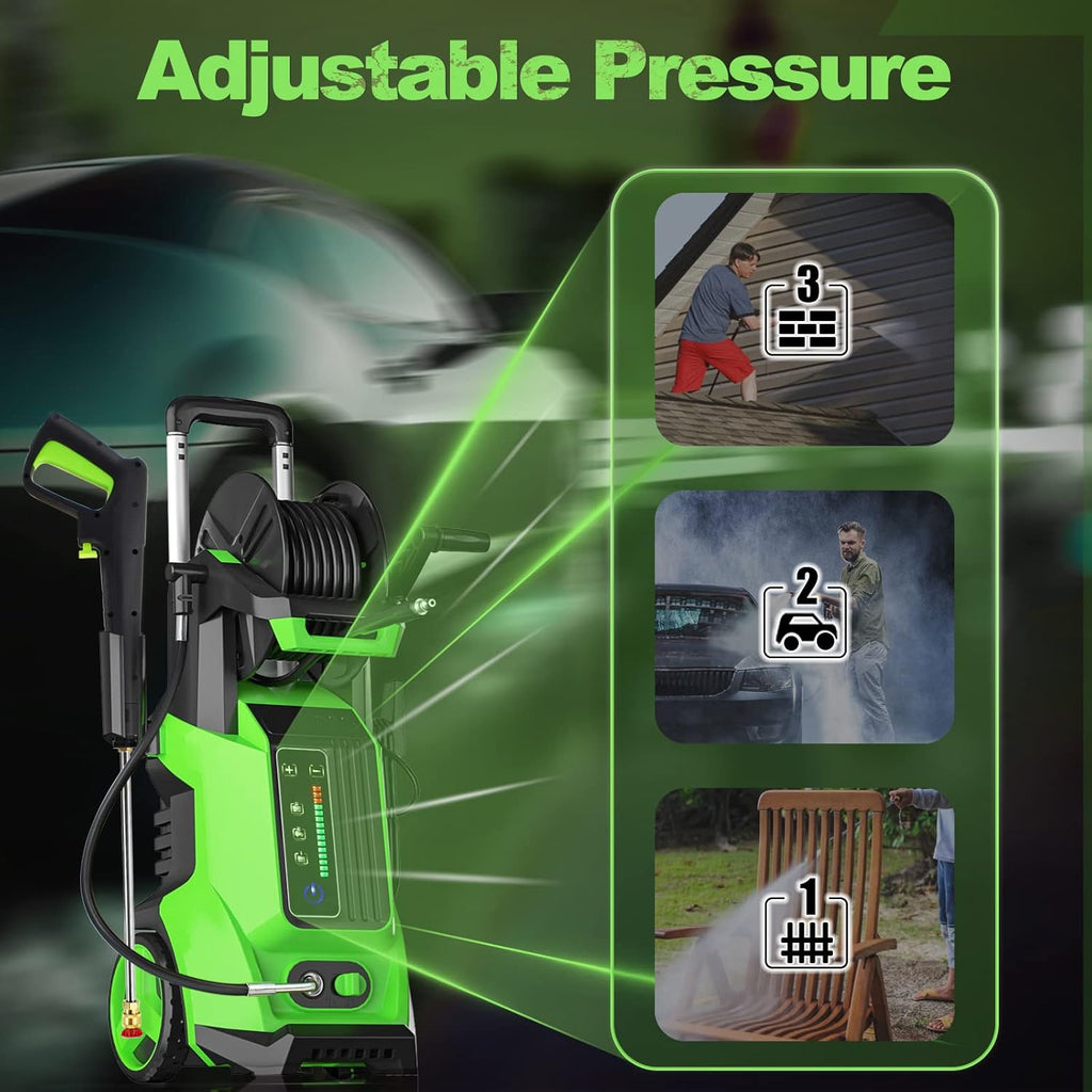 Electric Pressure Washer 3000 PSI 2.2 GPM with 4 Interchangeable Nozzles and Foam Cannon Hose Reel Q604813