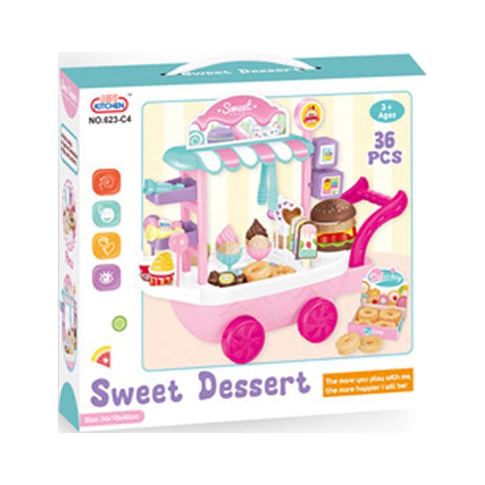 Dessert Candy Trolley Kitchen Toy Set with Umbrella Food Dishes Kids Educational Pretend Play Cooking Truck L23638