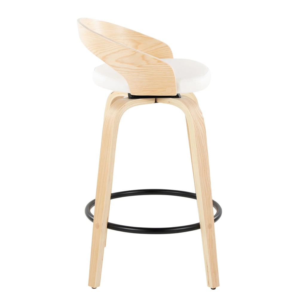 26" Counter Stool with Swivel in Natural Wood and White Faux Leather with Round Black Metal Footrest - Set of 2 V19395