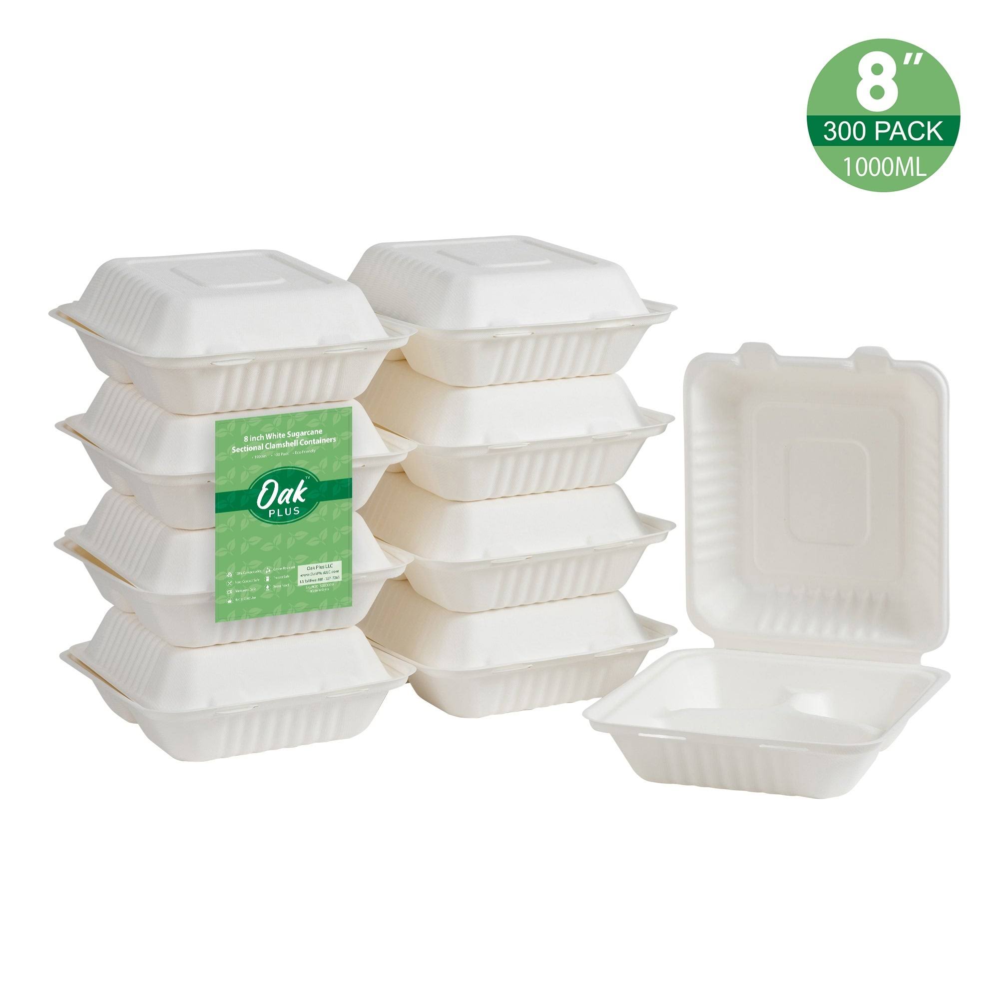 10 inch Natural Compostable Sugarcane Sectional Clamshell Containers, 300 Pack V630