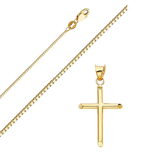 Solid 14K Gold Box Chain Cross Pendant Necklace Y236