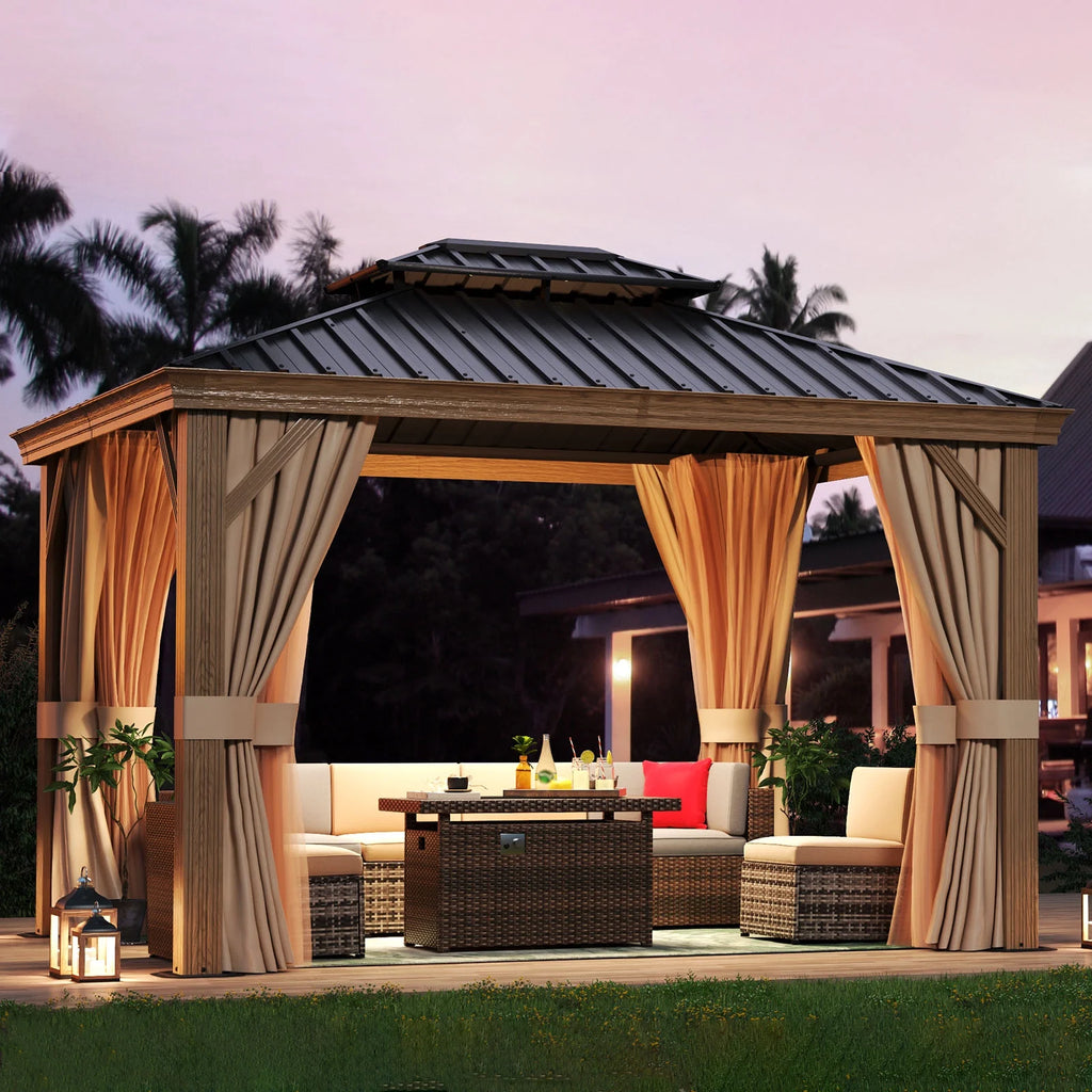 10x12FT Aluminum Frame Hardtop Gazebo with Netting and Curtains U510
