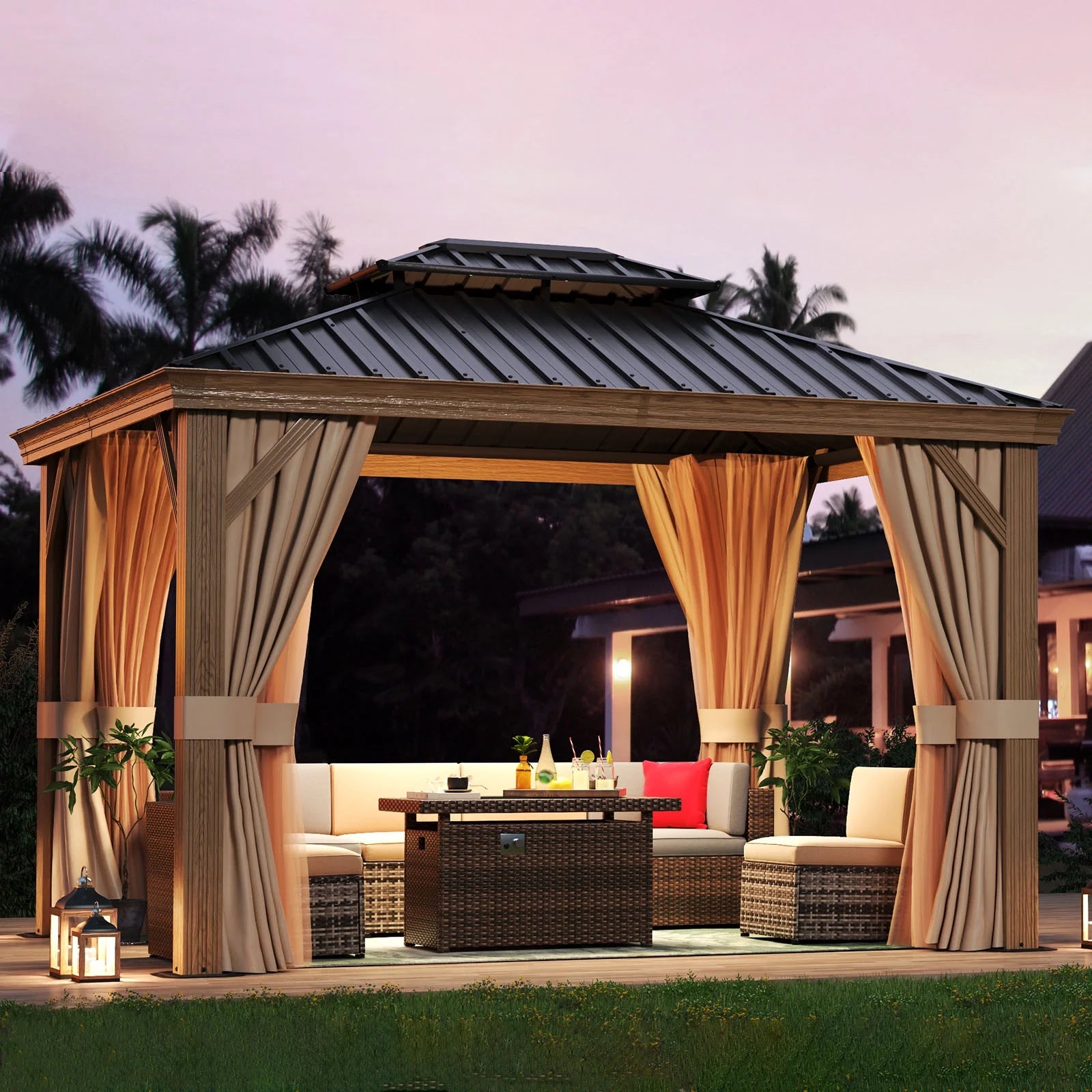 10x12FT Aluminum Frame Hardtop Gazebo with Netting and Curtains U510