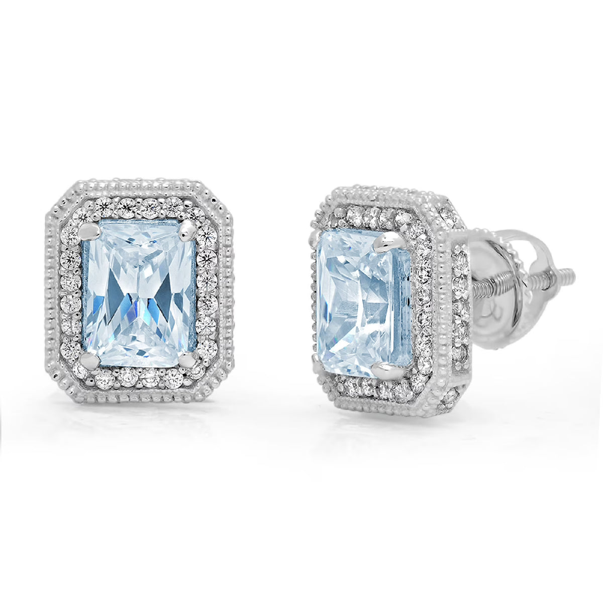 18K White Gold Blue Simulated Diamond Earrings Screw Back O696