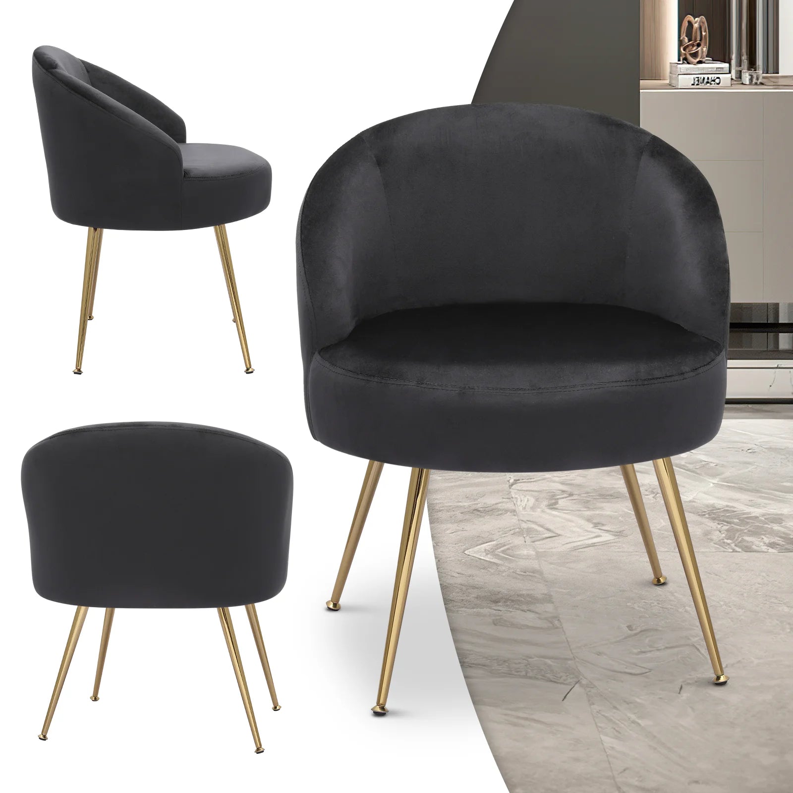 Black Velvet Accent Chair with Golden Metal Legs M865055